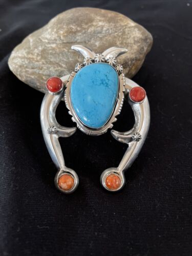 Navajo Turquoise & Coral Naja Tufa Cast Pendant | Authentic Native American Handmade | Sterling Silver | 01061