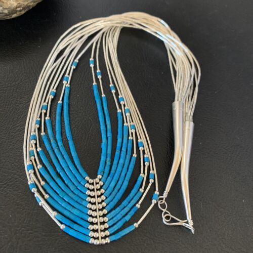 Liquid Silver Heishi 10-Strand Necklace | Sterling Silver Pendant with Turquoise | 12295