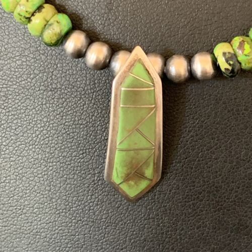 Navajo Green Gaspeite Turquoise Inlay Pendant | Sterling Silver | Authentic Native American Handmade | 13270