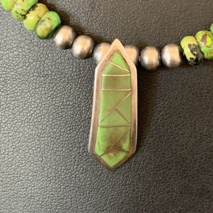 Navajo Green Gaspeite Turquoise Inlay Pendant | Sterling Silver | Authentic Native American Handmade | 13270