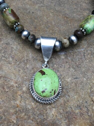 Navajo Green Gaspeite Turquoise Pendant Necklace | Sterling Silver | 22" | Authentic Native American Handmade | 2818