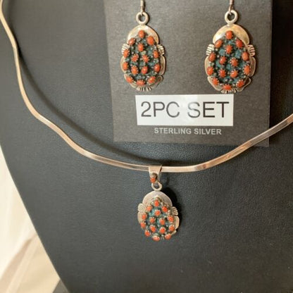 Navajo Sterling Silver Red Coral Cluster Pendant Earrings Set | Authentic Native American Handmade | 02155