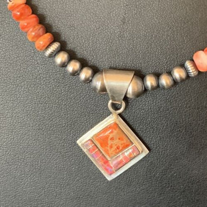 Navajo Red Spiny Oyster Opal Inlay Bead Necklace Pendant | Sterling Silver | Native American Handmade | 12722