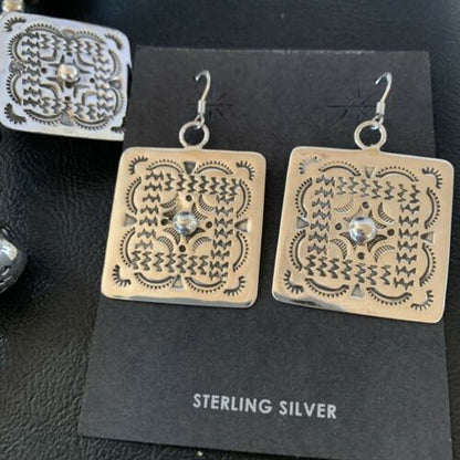 Navajo Square Blue Naja Necklace Set | Authentic Native American Sterling Silver | Handmade Stamped | 10767