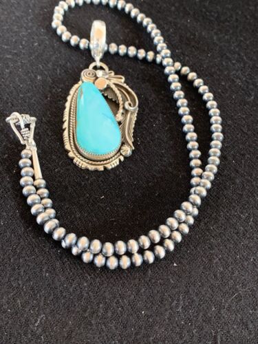 Navajo Royston Turquoise Pendant Necklace | Sterling Silver Pearls | Authentic Native American Handmade | 8735