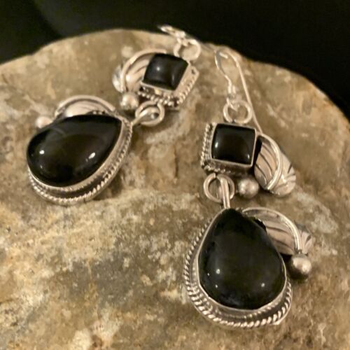 Southwestern Navajo Black Onyx Dangle Earrings | Sterling Silver | 1.5" | 1531
