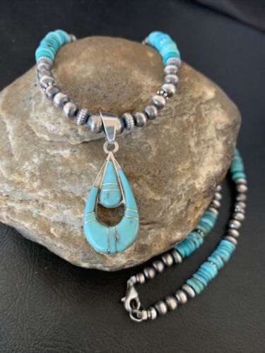 Navajo Pearl Necklace with Blue Turquoise Inlay Pendant | Sterling Silver | Authentic Native American Handmade | 12501