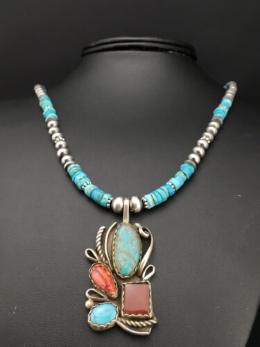 Navajo Turquoise & Spiny Oyster Pendant Necklace | Sterling Silver | 20" | Authentic Native American Handmade | 4836