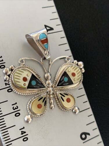 Zuni Blue Turquoise Coral Mother of Pearl Butterfly Inlay Pendant Necklace | Sterling Silver | 11969