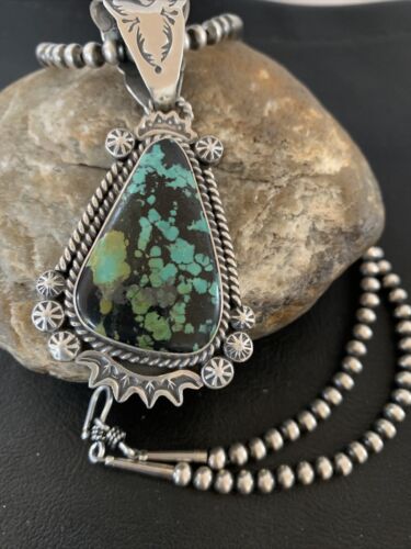 Men's Navajo Green Spiderweb Turquoise Pendant | Sterling Silver Necklace | Authentic Native American Handmade | 01978