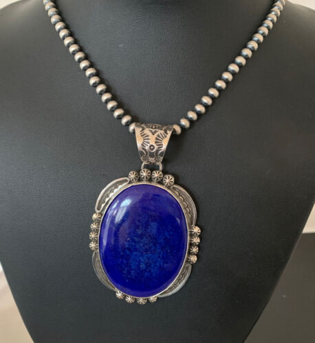 Men's Lapis Lazuli Pendant | Navajo Pearls Sterling Silver Necklace | Authentic Native American Handmade | 1282