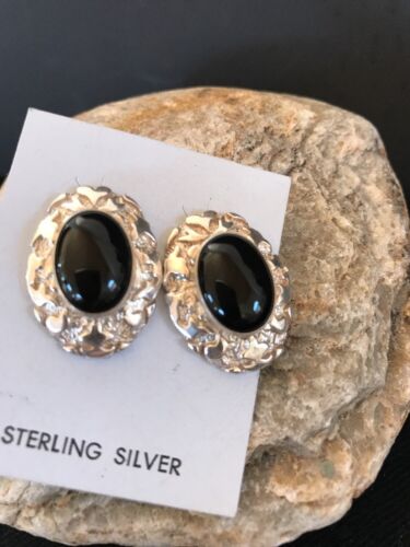 Native American Onyx Nugget Design Earrings | Sterling Silver | Southwestern Handmade | 1" | 3745