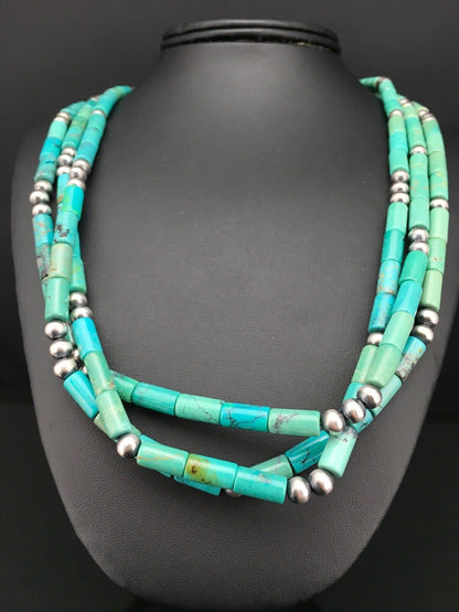 Navajo Turquoise Tube Bead Necklace | 3 Strand | Sterling Silver | 22" | Authentic Native American Handmade | 4790