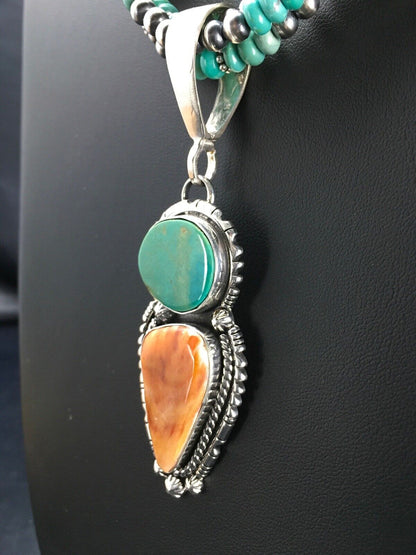 Navajo Kingman Turquoise & Spiny Oyster Necklace Pendant | Sterling Silver | 21" | Multi-Stone 2861