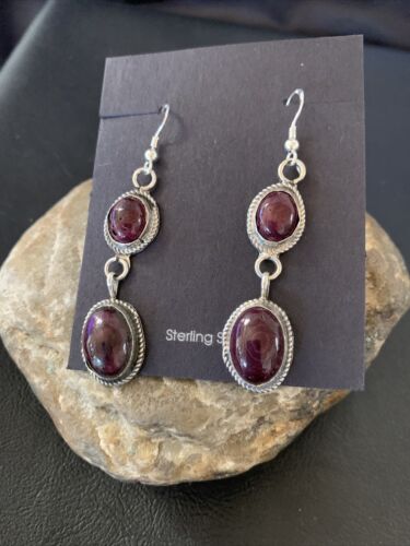 Navajo Purple Spiny Oyster Dangle Earrings | Sterling Silver | Authentic Native American Handmade | 12508