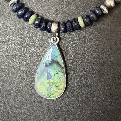 Navajo Green Turquoise Lapis Necklace with Opal Pendant | Sterling Silver | Authentic Native American Handmade | 14370