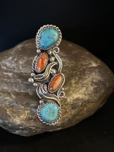 Navajo Turquoise Spiny Oyster Multi-Stone Ring | Authentic Native American Sterling Silver | Sz 8 | 14496
