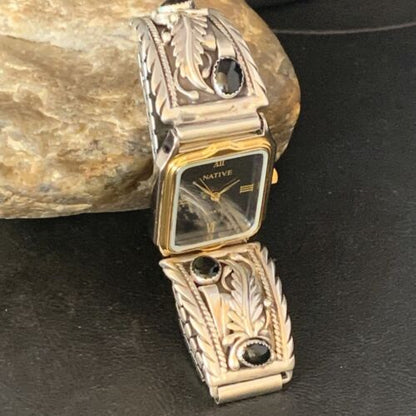Authentic Native American Navajo Sterling Silver Watch Tips | Feather Design with Black Onyx Band | 14398
