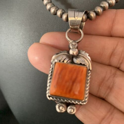 Navajo Orange Spiny Oyster Square Pendant Necklace | Sterling Silver | Authentic Native American Handmade | 13642