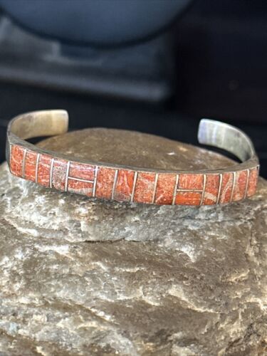 Authentic Native American Navajo Sterling Silver Bracelet | Red Spiny Oyster Inlay | Old Pawn | 14532