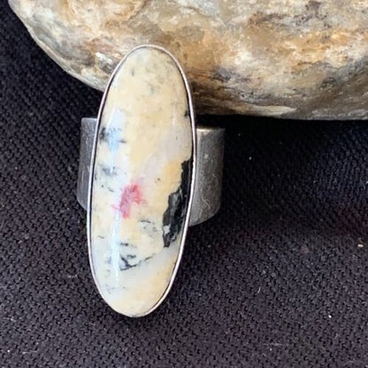 Southwestern Navajo Cinnabrite Ring | White Black | Sterling Silver | Sz 6.5 | 01548
