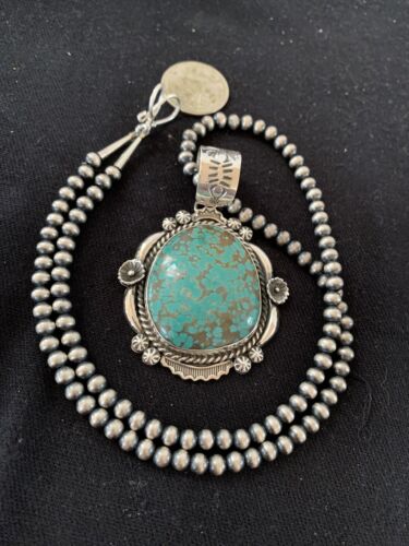 Men's Navajo Pearls Necklace Pendant | Sterling Silver | Blue Turquoise #8 | Authentic Native American Handmade | 529