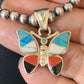 Opal Inlay Butterfly Pendant | Navajo Sterling Silver | Coral & Turquoise | 21" | 12582
