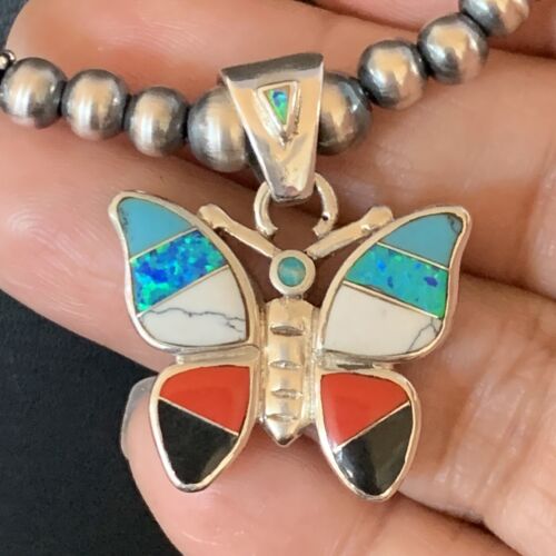 Opal Inlay Butterfly Pendant | Navajo Sterling Silver | Coral & Turquoise | 21" | 12582