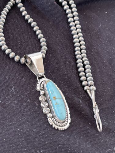 Men's Dry Creek Turquoise Pendant Necklace | Navajo Pearls | Sterling Silver | Authentic Native American Handmade | 1181
