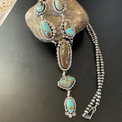 Navajo Blue Turquoise Lariat Necklace | Sterling Silver | Authentic Native American Handmade | 11468