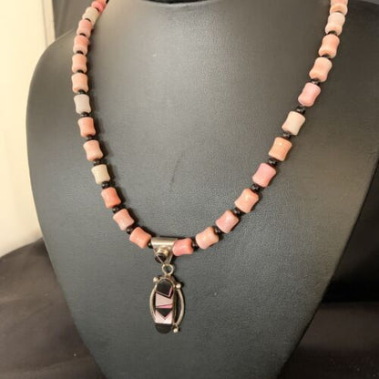 Pink Coral, Onyx & Mother of Pearl Inlay Pendant Necklace | Navajo Sterling Silver Bead | Authentic Native American | 13733