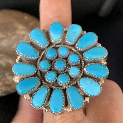 Navajo Blue Kingman Turquoise Cluster Ring | Authentic Native American Sterling Silver | Multi-Stone | Sz 9 | 13715