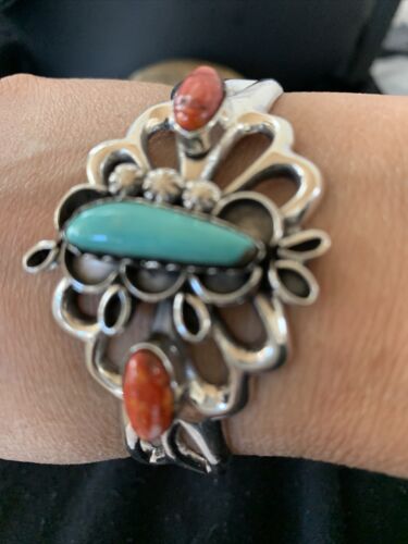 Men's Navajo Kingman Turquoise & Spiny Oyster Bracelet | Sterling Silver | Authentic Native American Handmade | 01031