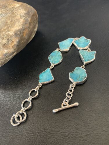 Navajo Blue Kingman Turquoise Rough Link Bracelet | Sterling Silver | 8" | 11648