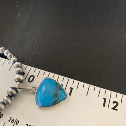 Navajo Pearl Necklace with Blue Kingman Turquoise Pendant | Sterling Silver | Authentic Native American Handmade | 12551