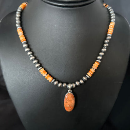 Navajo Orange Spiny Oyster Pendant Necklace | Sterling Silver Naja | Authentic Native American Handmade | 14301