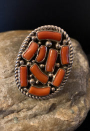 Navajo Red Coral Cluster Ring | Authentic Native American Sterling Silver | Multi-Stone | Sz 9 | 00509