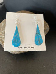 Navajo Blue Turquoise Inlay Dangle Drop Earrings | Sterling Silver | 1.5" | 12310