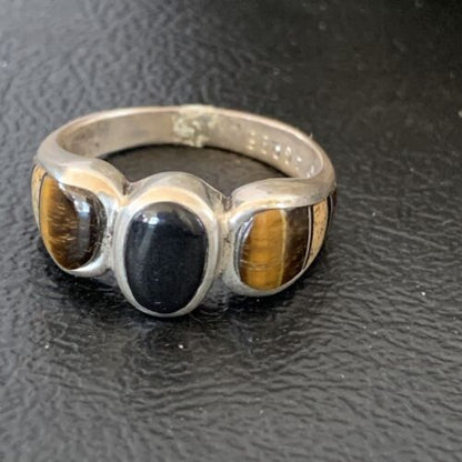 Navajo Black Onyx Coffee Tigers Eye Inlay Ring | Sterling Silver | Sz 8 | Authentic Native American Handmade | 10732 - Masha USA