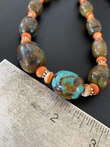Navajo Green Turquoise & Orange Spiny Oyster Necklace | Sterling Silver | 23" | Authentic Native American Handmade | 1848