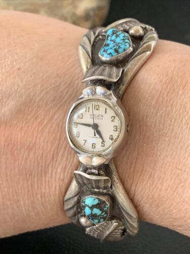 Authentic Navajo Sterling Silver Watch Tips | Old Pawn Kingman Turquoise Band | Native American Jewelry | 1442
