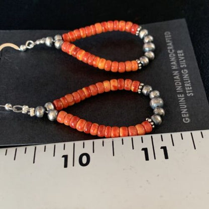 Navajo Red Spiny Oyster Hoop Earrings | Sterling Silver | Authentic Native American Handmade | 13499