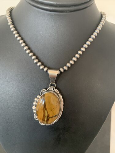 Men's Navajo Pearls Necklace | Sterling Silver | Coffee Tiger's Eye Pendant | Authentic Native American Handmade | 1541