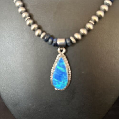 Blue Turquoise Lapis Necklace with Opal Pendant | Navajo Sterling Silver | Authentic Native American Handmade | 14367