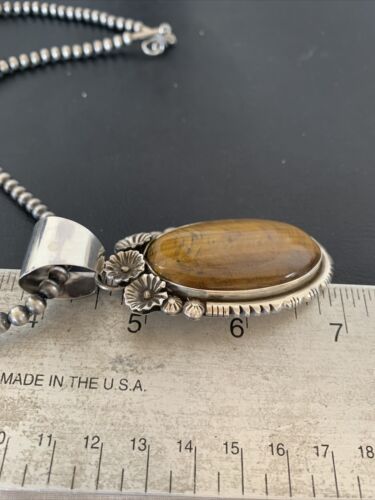 Men's Navajo Pearls Necklace with Sterling Silver Coffee Tigers Eye Pendant | Authentic Native American Handmade | 01771