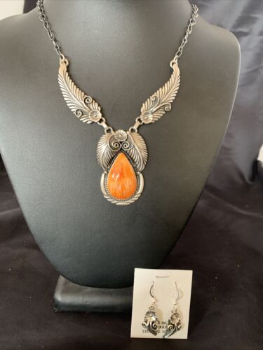 Navajo Orange Spiny Oyster Necklace & Earrings Set | Sterling Silver | Authentic Native American Handmade | 2104