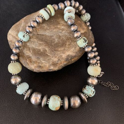 Dry Creek Turquoise Navajo Pearls Beaded Necklace | Sterling Silver | 21" | Authentic Native American Handmade | 14101 - Masha USA