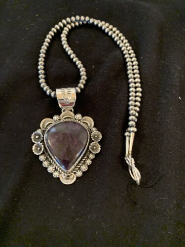 Men's Navajo Pearls Necklace with Purple Sugilite Pendant | Sterling Silver | Authentic Native American Handmade | 00541