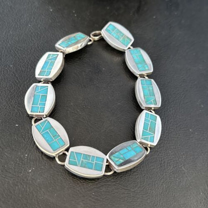 Men's Sterling Silver Navajo Turquoise Inlay Link Bracelet | 8.5" | Authentic Native American Handmade | 14659