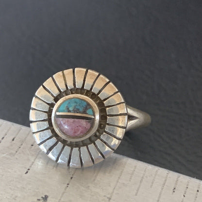 Navajo Blue Turquoise Pink Coral Inlay Ring | Sz 6 | Sterling Silver | Authentic Native American Handmade | 11170